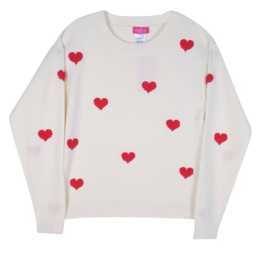 NWT Zunie Soft Ivory Knit Long Sleeve Pullover Sweater Red Pop Jacquard Hearts M